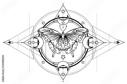 Black and white butterfly over sacred geometry sign, isolated vector illustration. Tattoo sketch. Mystical symbols and insects. Alchemy, occultism, spirituality, coloring book. Hand-drawn vintage.