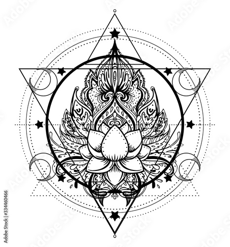 Vector ornamental Lotus flower, ethnic art, patterned Indian paisley. Hand drawn illustration. Invitation element. Tattoo, astrology, alchemy, boho and magic symbol. Coloring book for kids and adults.