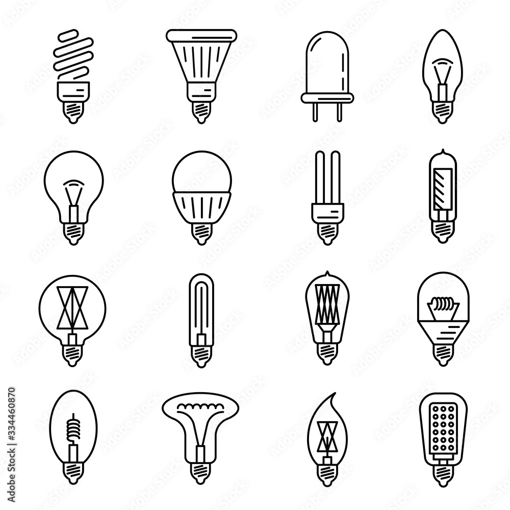 Light bulb line art icon set, illuminating home, office, building Light bulb line art icon set, illuminating home, office, building