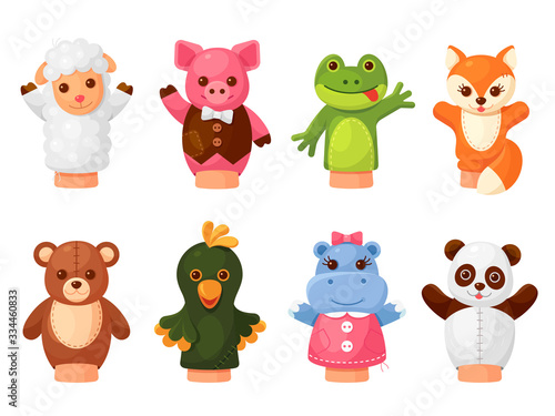Hands puppets set, animal friends for play, puppet show stage