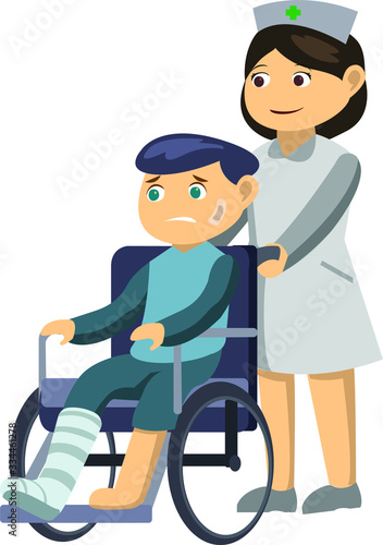 Man with his feet casted and use wheel chair , Nurse helping him on his wheel chair