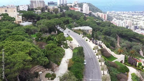 Corona Virus days at Haifa, Israel. Mid day Louis Promenade with no People due to Government lockdown guidelines, Aerial view. photo