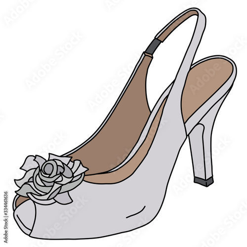 The vectorized hand drawing of a white womans shoe on high heel