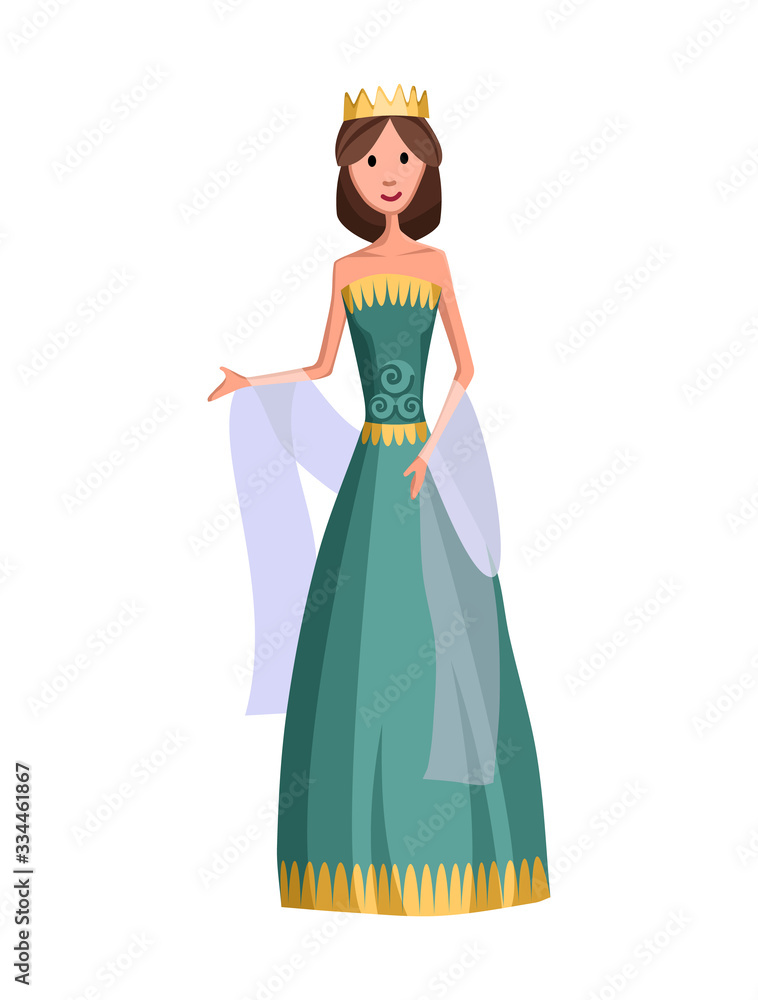 Isolated medieval princess character with royal clothes on white background. Fairy tale. Fantastic kingdom character. Monarch vector cute clip art
