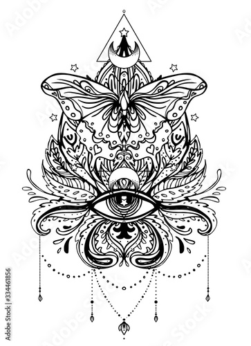 Black and white butterfly over sacred geometry sign, isolated vector illustration. Tattoo sketch. Mystical symbols and insects. Alchemy, occultism, spirituality, coloring book. Hand-drawn vintage.