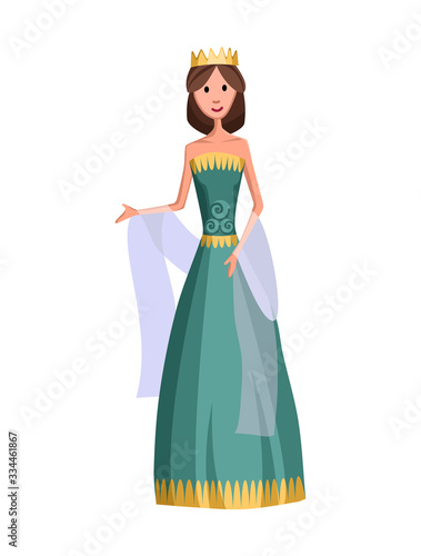 Isolated medieval princess character with royal clothes on white background. Fairy tale. Fantastic kingdom character. Monarch vector cute clip art