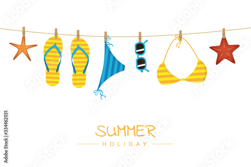 summer holiday striped flip flops bikini and sunglasses hang on a rope vector illustration EPS10 © krissikunterbunt