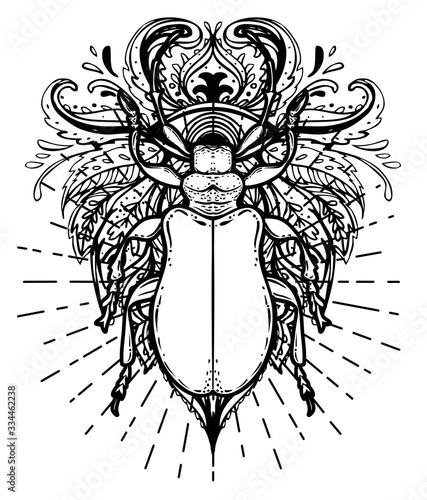 Black and white beetle over sacred geometry, isolated vector illustration. Ta...