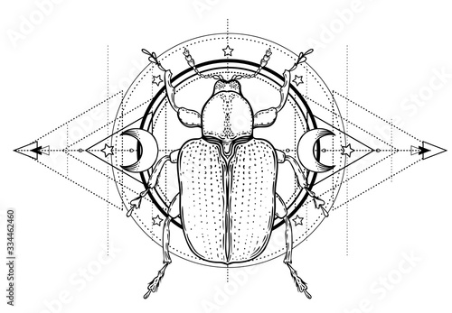 Black and white beetle over sacred geometry, isolated vector illustration. Tattoo sketch. Mystical symbols and insects. Alchemy, religion, occultism, spirituality, coloring book. Hand-drawn vintage.