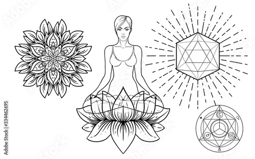 Set of Ornamental Boho Chic Style Elements. Vector Budda illustration. Tattoo template. Hand drawn tribal esoteric symbol collection. Hippie design elements. Coloring book for adults.