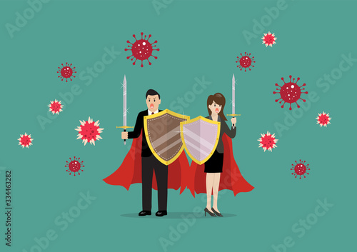 Man and woman with shield sword prepare to fighting coronavirus
