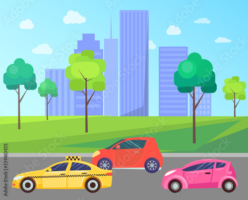 City with cars on roads vector  cityscape with buildings and skyscrapers. Downtown exterior of construction and towers. Park with trees and greenery