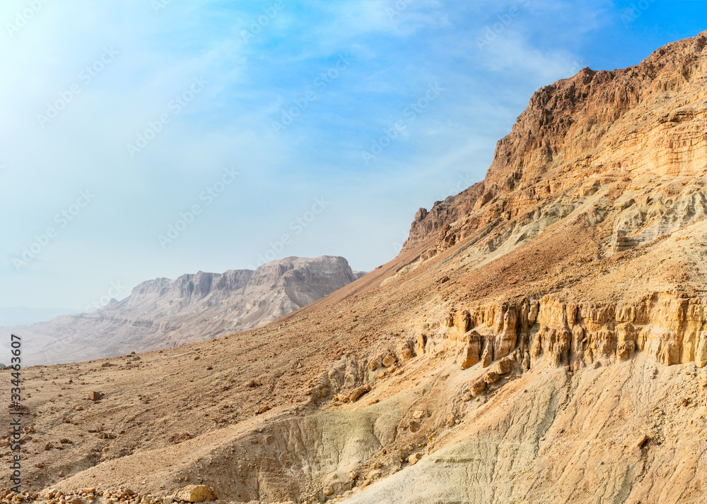 Rocky slope of the mountain in Ein Gedi National Park, panorama from several shots..