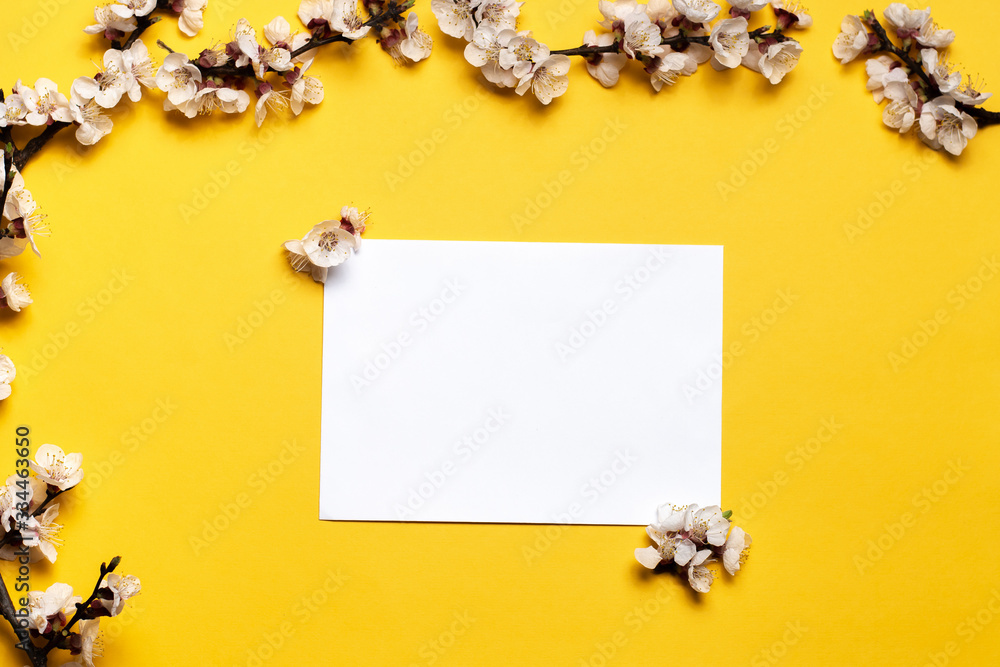 white envelope on a yellow background with a frame of flowering branches of apricot trees. place for text