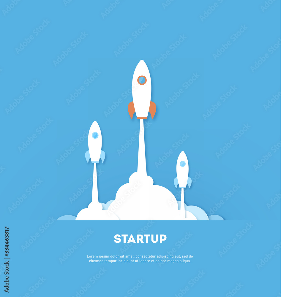 Three white rocket Rocket in Paper cut style on blue background launch to the sky, start up business concept and exploration idea, vector art and illustration. Modern design. Leadership Three white rocket Rocket in Paper cut style on blue background launch to the sky, start up business concept and exploration idea, vector art and illustration. Modern design. Leadership