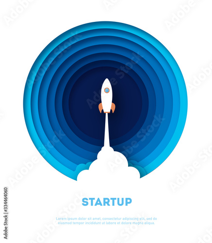 startup business, flat design illustration, rocket,paper cut style, vector illustration with flying rocket, space travel to the moon, project start up and development process. vector
