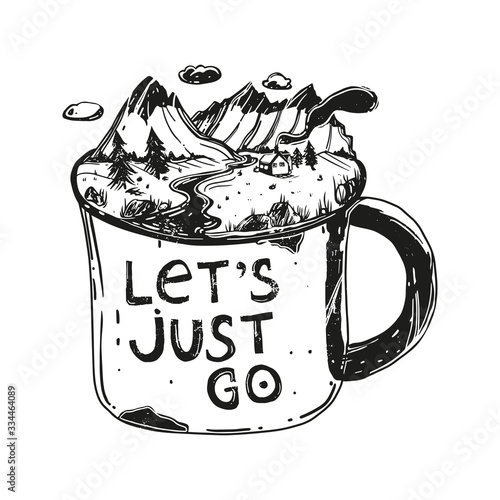 Doodle cute landscape mug and an inspirational quote - let's just go.