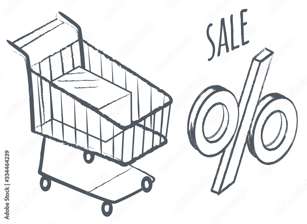 Sale and reductions at shop. Isolated monochrome sketch outline of shopping cart, trolley and percent. Buying and selling items, retail business. Proposal at market, reduced prices, vector in flat Sale and reductions at shop. Isolated monochrome sketch outline of shopping cart, trolley and percent. Buying and selling items, retail business. Proposal at market, reduced prices, vector in flat