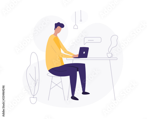 man use laptop. working at home. freelancer. young man, student vector illustration. isolated in white background. modern flat cartoon characters. self-isolation. quarantine