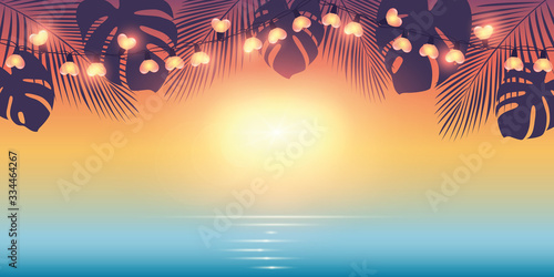 tropical summer paradise background with fairy light and palm leaves vector illustration EPS10