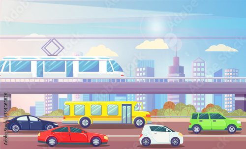 Cityscape vector, streets filled with cars and public transport, train on bridge. Skyscrapers and clouds, bushes and greenery by roads. Bus and vehicles