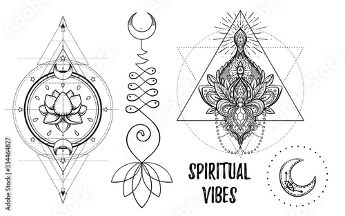 Set of Ornamental Boho Chic Style Elements. Vector Budda illustration. Tattoo template. Hand drawn tribal esoteric symbol collection. Hippie design elements. Coloring book for adults.
