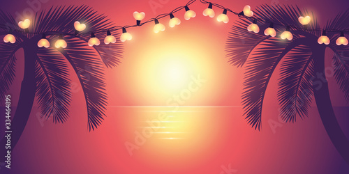 romantic summer night by the sea with palm tree and fairy light vector illustration EPS10