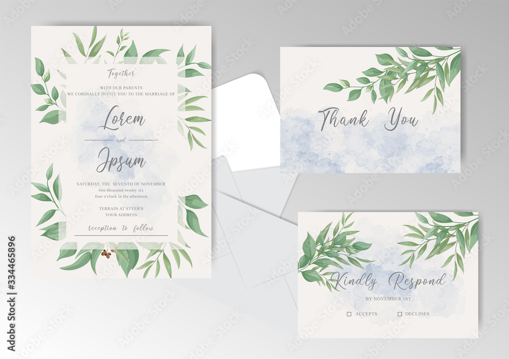 Editable wedding invitation card set template with Elegant Foliage