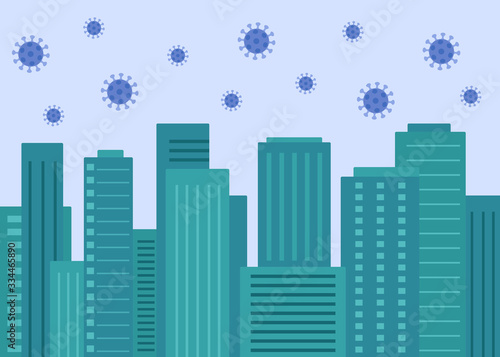 Cityscape of large city during coronavirus epidemic. Quarantine, isolation from people at home. Tall crowded buildings and flying virus. Vector illustration