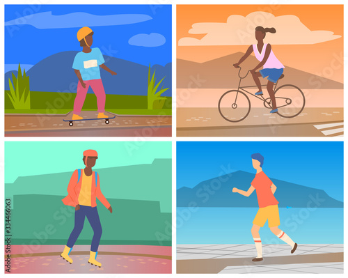 Woman riding bicycle. Young african american guy rollerblading. Man in sporstwear jogging. Boy in helmet skateboarding. People doing outdoor sport activities