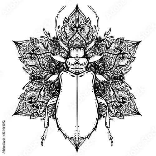 Black and white beetle over sacred geometry, isolated vector illustration. Ta...