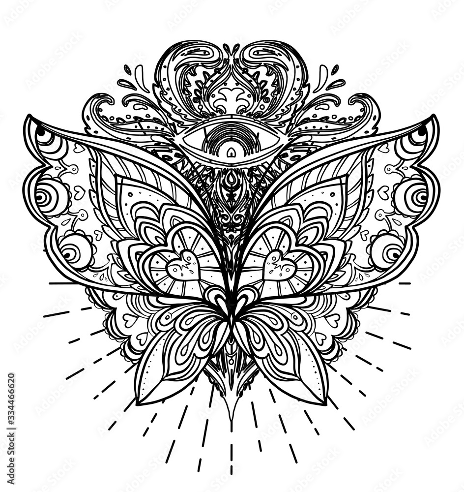 Black and white butterfly over sacred geometry sign, isolated vector