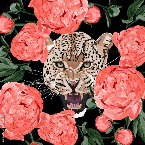 Graceful leopard and coral peony flowers. Savana cat eyes. Elegant poster, t-shirt composition, hand drawn style print. 