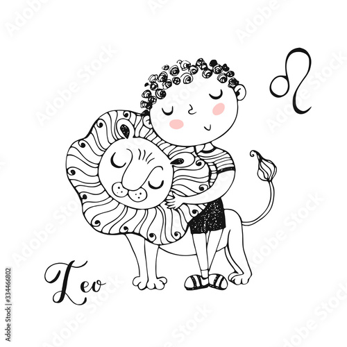 The zodiac sign Leo. Cute boy with a lion cub. Coloring. Vector