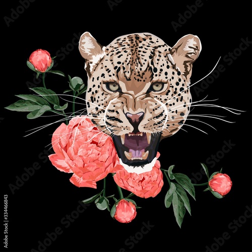 Graceful leopard and coral peony flowers. Savana cat. Elegant poster, t-shirt composition, hand drawn style print. 