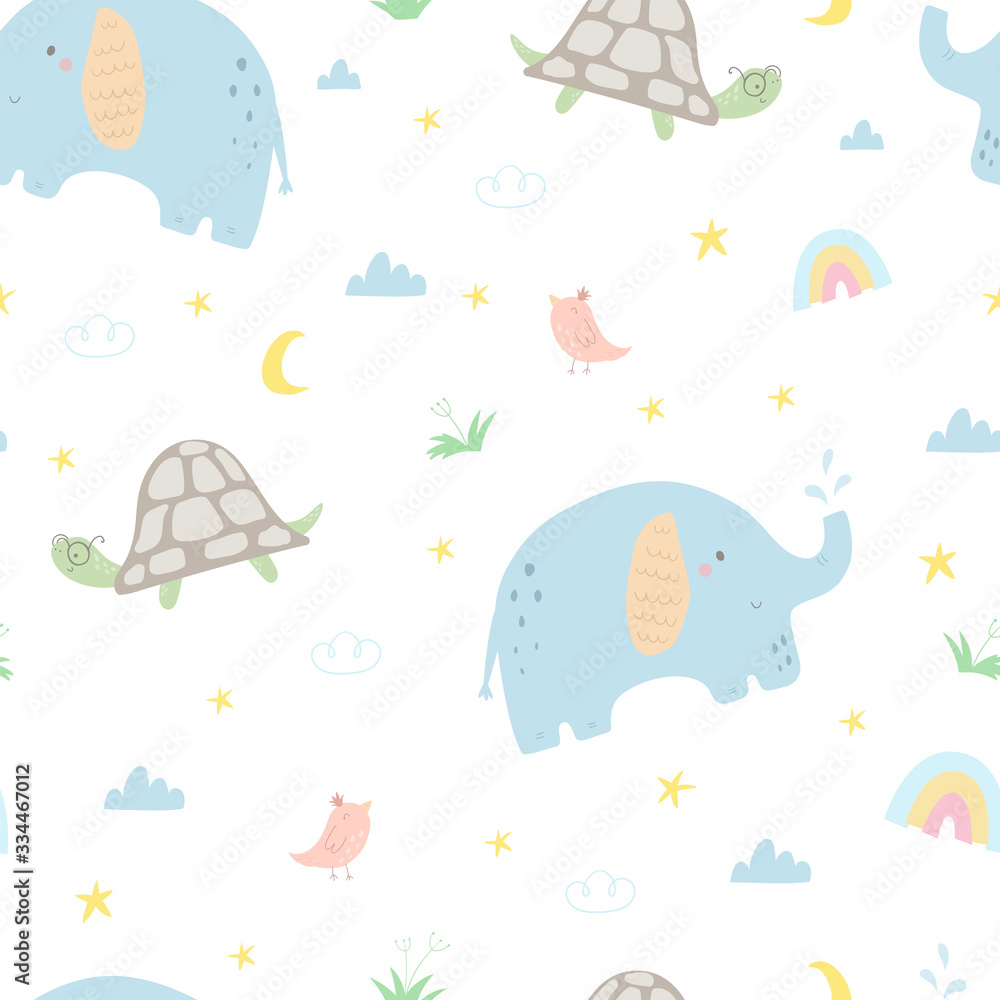 Seamless pattern with cute little elephant, turtle, bird. Creative scandinavian kids texture for fabric, wrapping, textile, wallpaper, apparel. Vector illustration. Vector print Seamless pattern with cute little elephant, turtle, bird. Creative scandinavian kids texture for fabric, wrapping, textile, wallpaper, apparel. Vector illustration. Vector print
