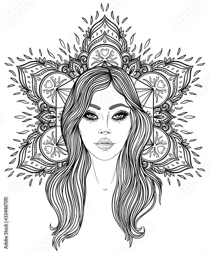 Tribal Fusion Boho Diva. Beautiful Asian divine girl with ornate crown, kokoshnik inspired. Bohemian goddess. Hand drawn elegant illustration. Lotus flower, ethnic art, patterned Indian paisley.