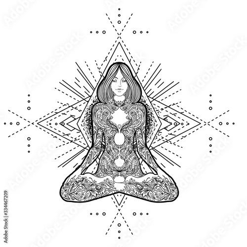 Woman ornate silhouette sitting in lotus pose and Sacred Geometry. Ayurveda symbol of harmony and balance. Tattoo design, yoga logo. poster, t-shirt textile. Anti stress book. Isolated vector.