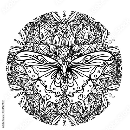 Black and white butterfly over sacred geometry sign, isolated vector illustra...