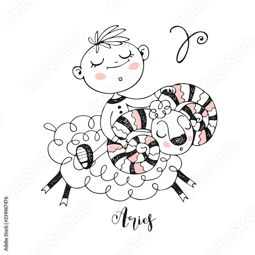Children's zodiac. The zodiac sign Aries. A cute little boy rides a RAM. Vector.