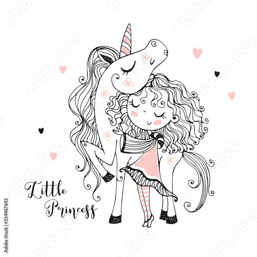 Cute little Princess with a unicorn. Vector.