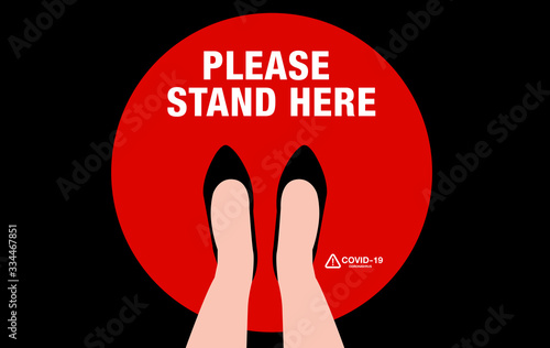  COVID-19 Coronavirus message asking supermarket customer to stand in space. Top view with text in public space practicing social distancing. Blackboard sign or symbol
