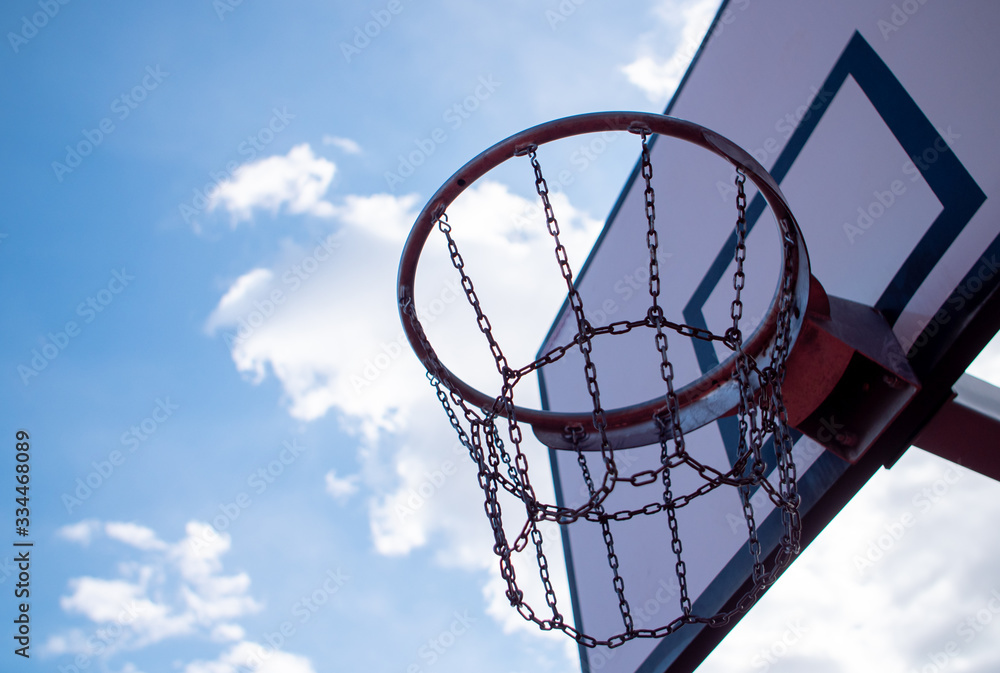 metal mesh of basketball basket against cloudy sky background metal mesh of basketball basket against cloudy sky background