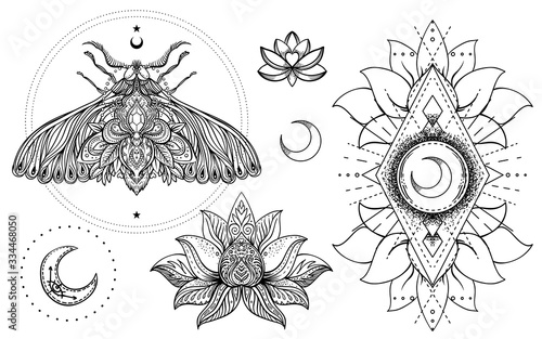 Set of Ornamental Boho Chic Style Elements. Vector Budda illustration. Tattoo template. Hand drawn tribal esoteric symbol collection. Hippie design elements. Coloring book for adults.