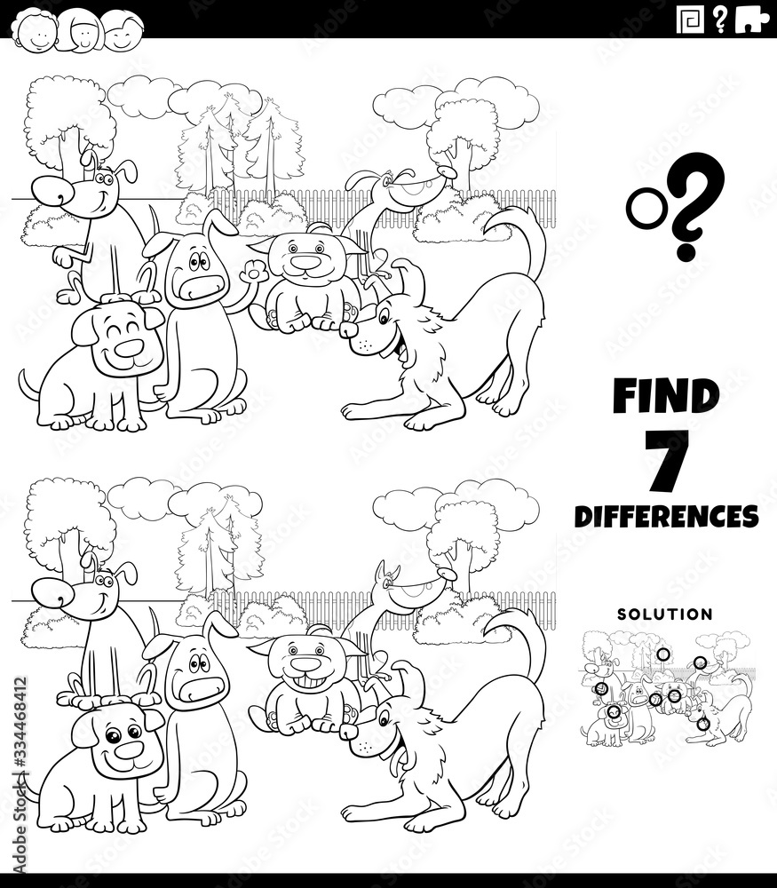 differences game with cartoon dogs group color book page