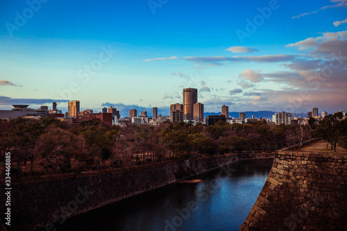 Osaka, Japan - January 08, 2020: Panoramic View to the Osaka City from the Castle Roof