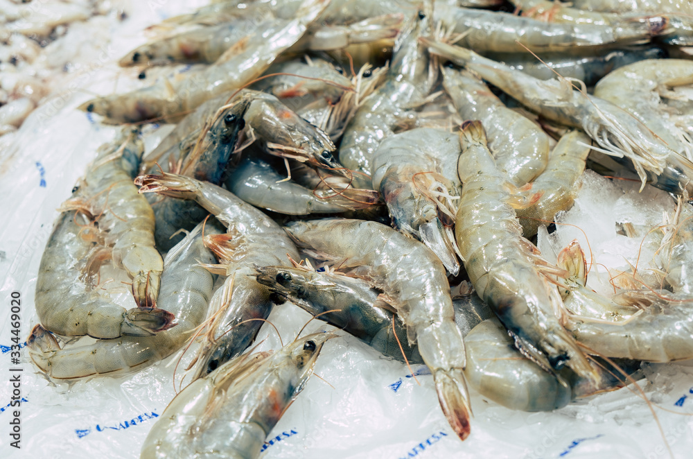 Gray Prawn, shrimp, shellfish, on market stall. Mediterranean seafood. Closeup colorful photo Gray Prawn, shrimp, shellfish, on market stall. Mediterranean seafood. Closeup colorful photo
