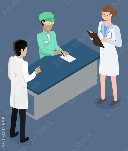Practitioners and nurse at reception in hospital. Doctor examining and consulting people about diseases and illnesses. Physician prescribe medication and treatment. Vector illustration of clinic