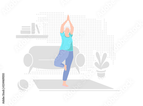 Elderly woman alone doing yoga at home. Indoor retired leisure. Active healthy lifestyle quarantined. Sport, fitness for senior person. Balance training. Old character exercises vector illustration