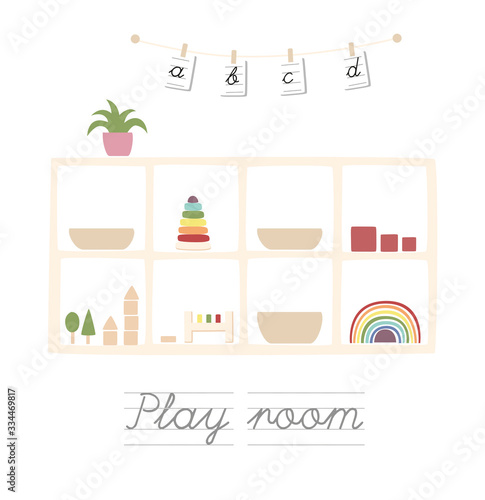 montessori, room, toys, child, kids, education, wooden, play, shelf, illustration, neutral, interior, natural, work, toys, icon, set, design, vector, business, art